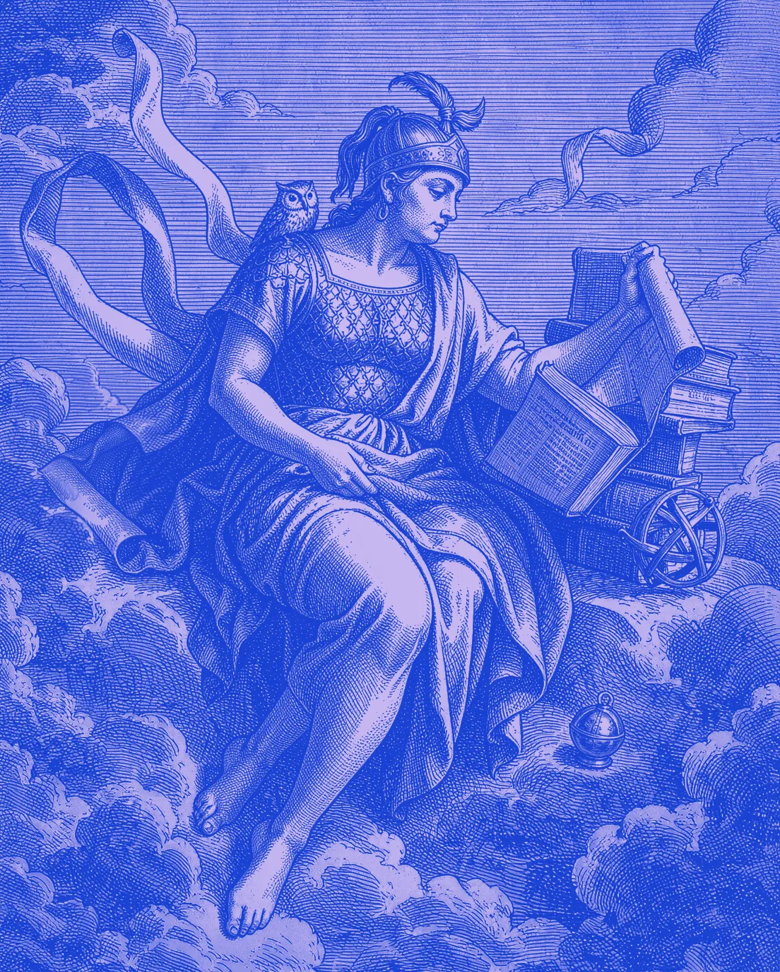 Engraving of Athena seated on clouds in a crested helmet and scaled breastplate, an owl on her shoulder, pulling a scroll from a stack of books while long scrolls unfurl around her.