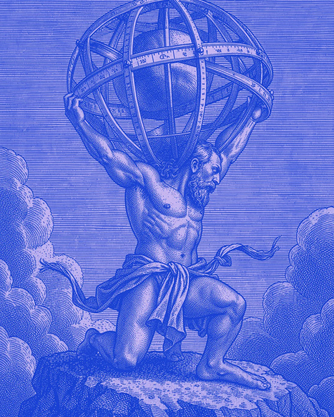 Engraving of Atlas kneeling on a rocky crag, straining to carry an enormous armillary sphere on his shoulders amid clouds.