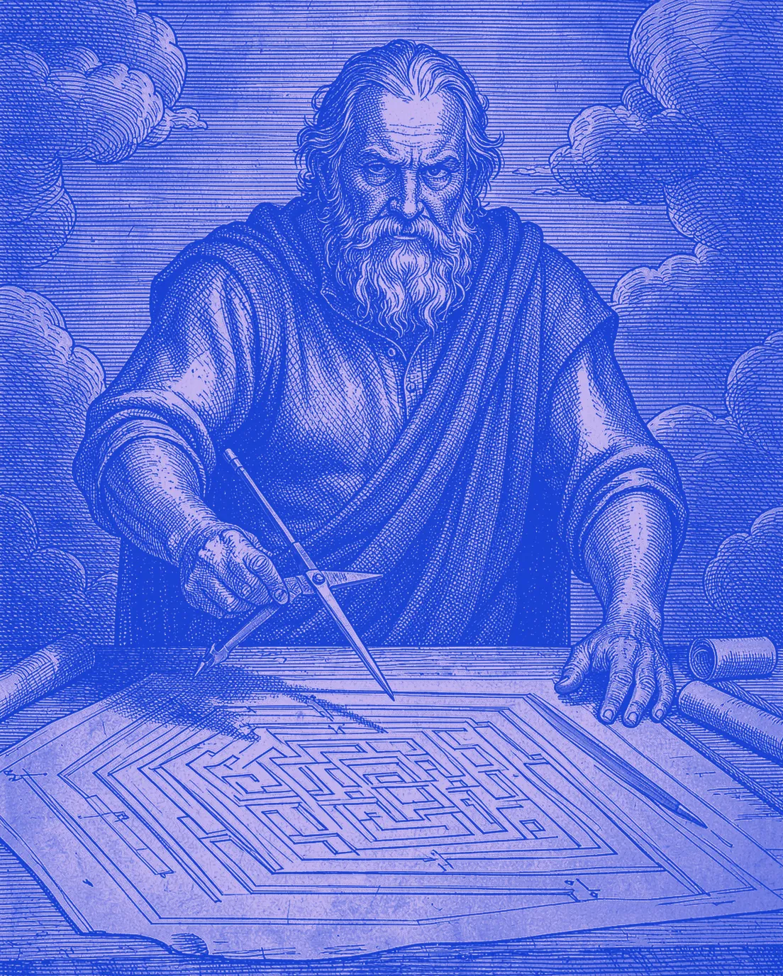 Engraving of Daedalus, an old bearded inventor, standing at a drafting board among clouds and setting a pair of compasses on the plan of a labyrinth.