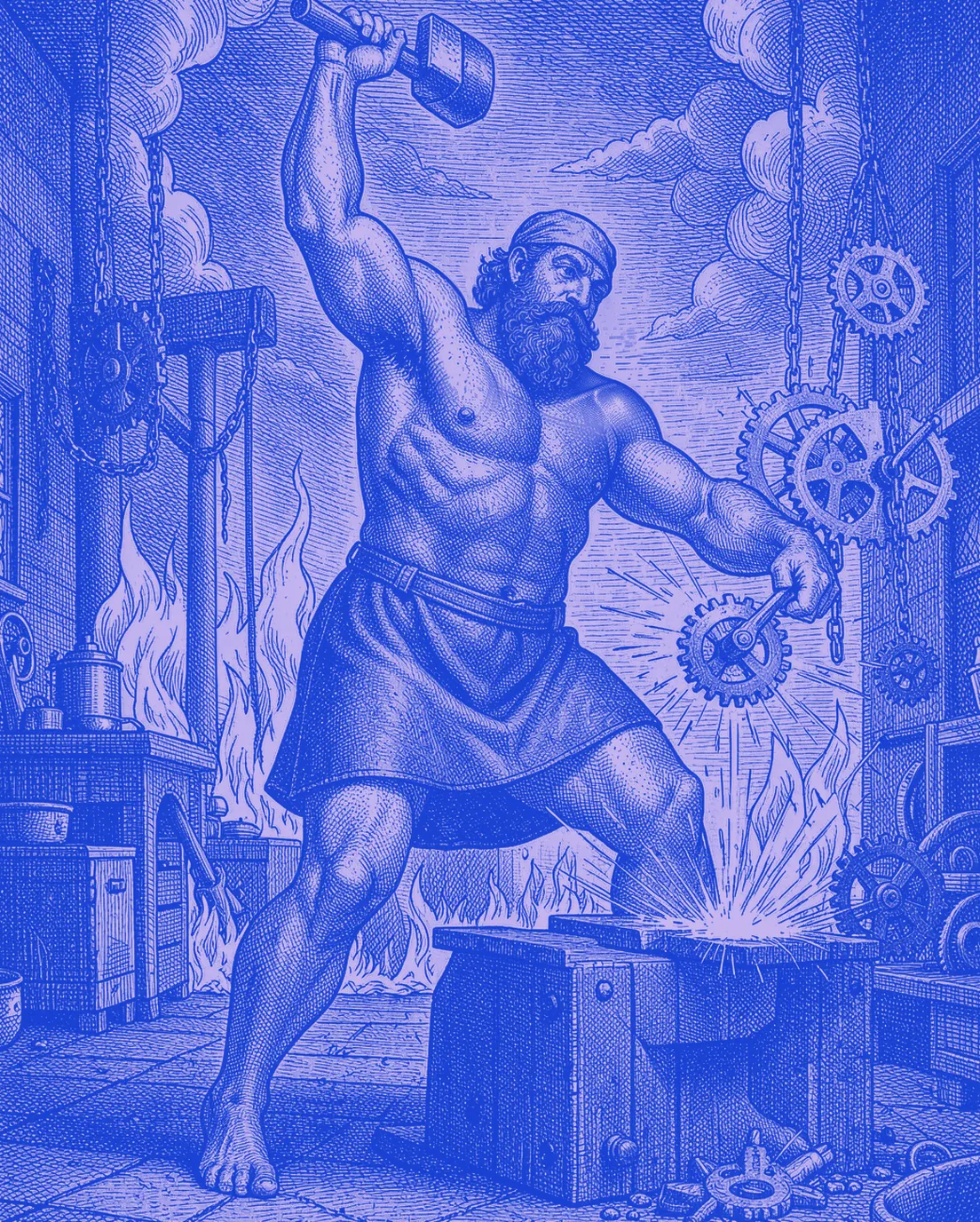 Engraving of Hephaestus, bare-chested in a leather apron, hammer raised high, about to strike a glowing gear on an anvil as sparks fly in his forge.